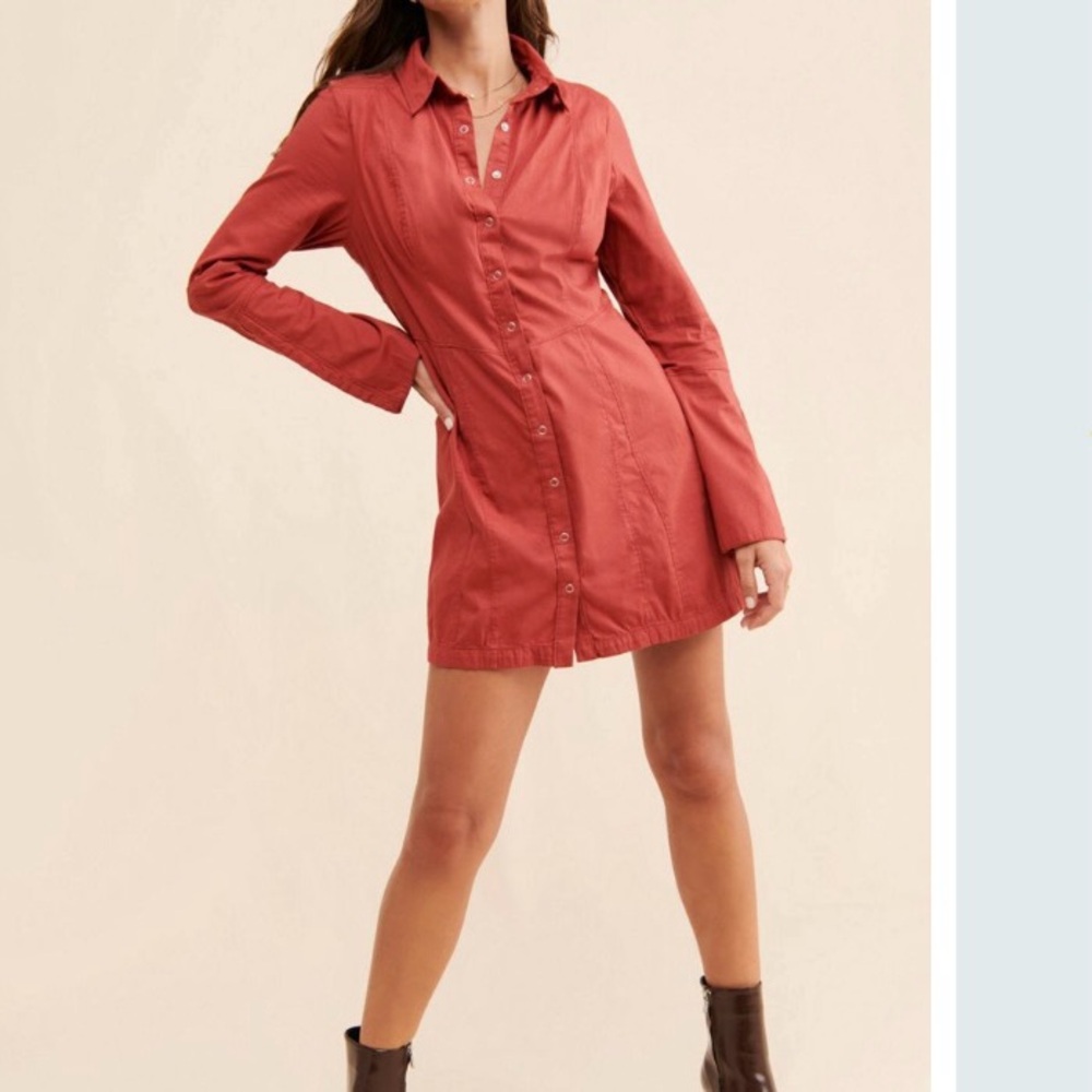 NWT Free People Thea Red Long Bell Sleeve Mini Shirt Dress Size L